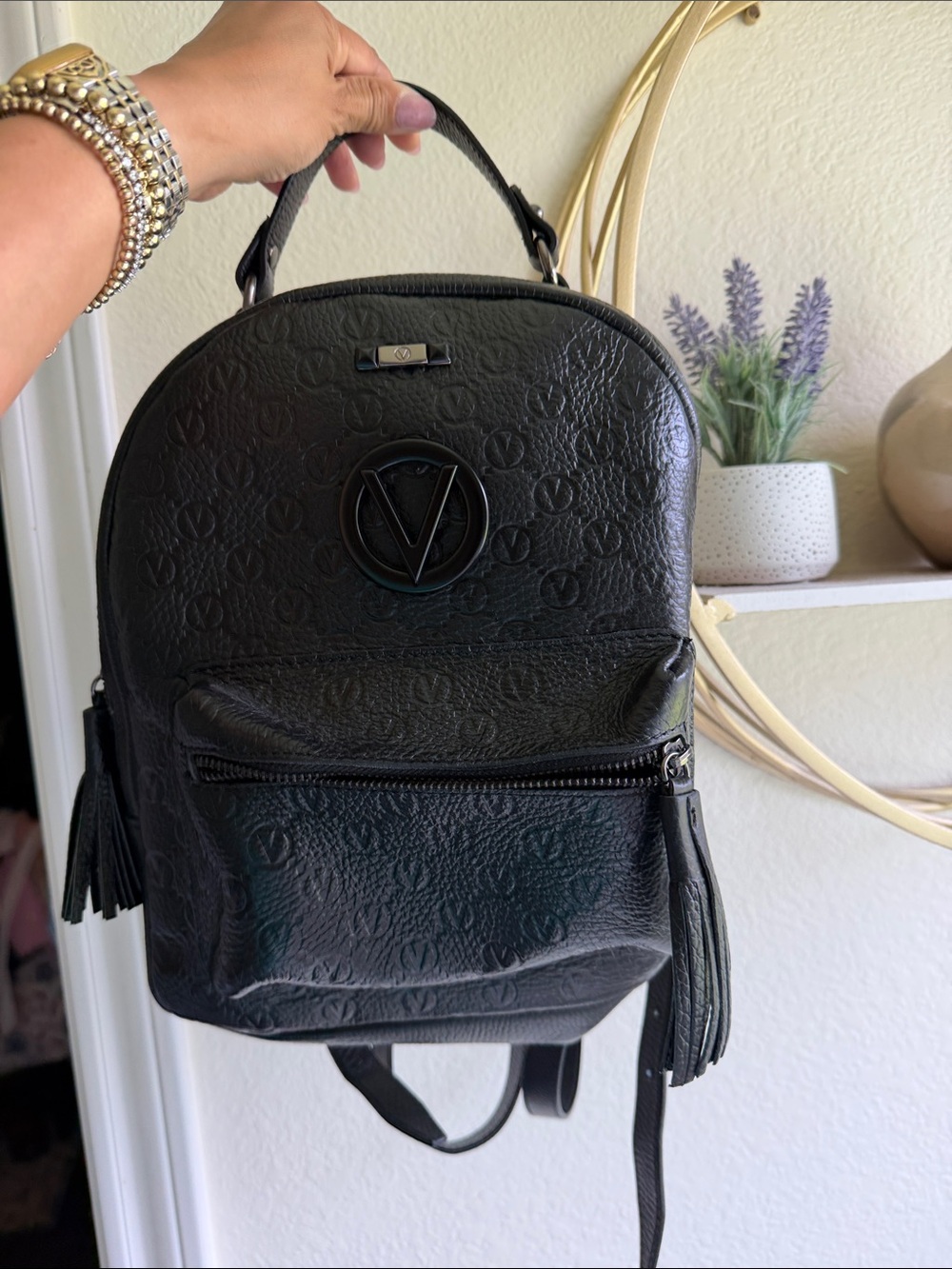Valentino Black Embossed V-Logo Mini Backpack